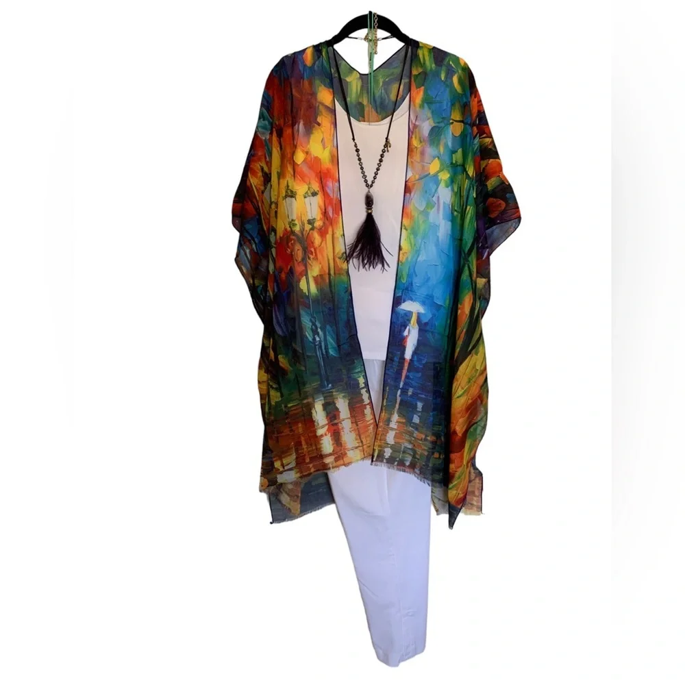 NWT Museum Art Ruana Rhuana Kimono Cover-Up OS “Walking in the Rain” - Picture 9 of 10